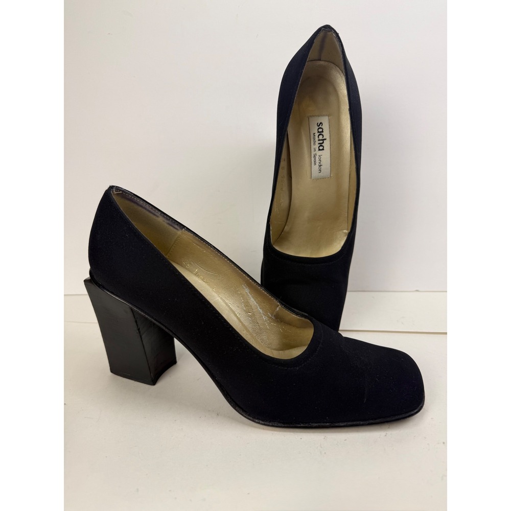 VTG Sacha London Black Fabric Square Toe Block Heel Pumps Made in Spain Size 8B